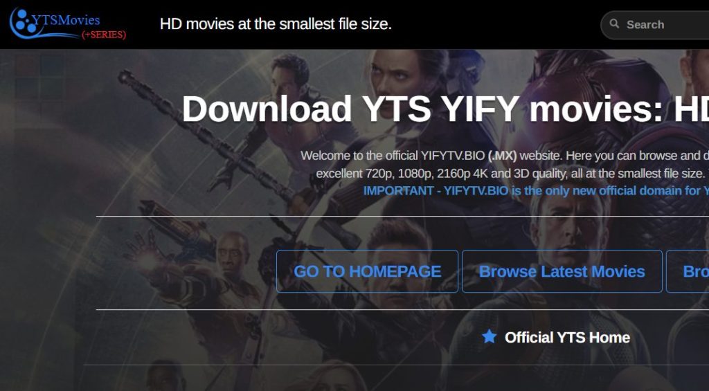 Yify TV homepage